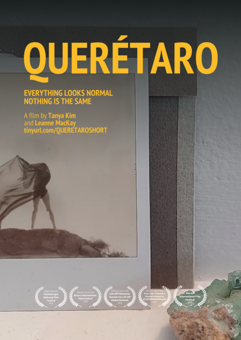 QUERÉTARO Film Poster with a picture of a polaroid photo of a girl standing on a rock with a transparent fabric covering her head and body and blowing in the wind on a white sky background. 