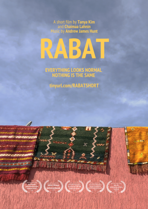 Rabat Film Poster with a photo of Moroccan handmade rugs hanging over a terracotta coloured wall and behind that is the blue sky of a sunny day. 