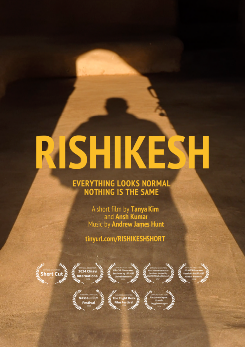 Rishikesh Film Poster with a photo of a man's shadow in an arch, on a cob clay coloured floor. 